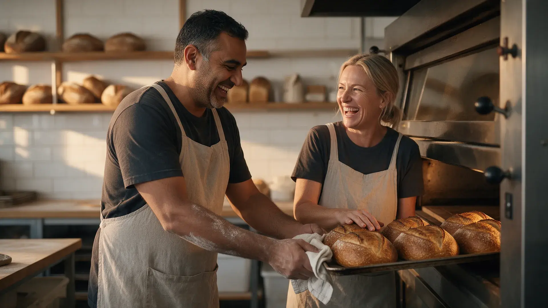 Two Gold Coast bakery owners laughing as they pull a tray of fresh sourdough from the oven