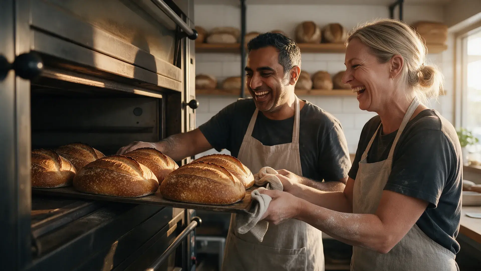 Business partners in aprons lifting golden sourdough loaves out of a deck oven at dawn