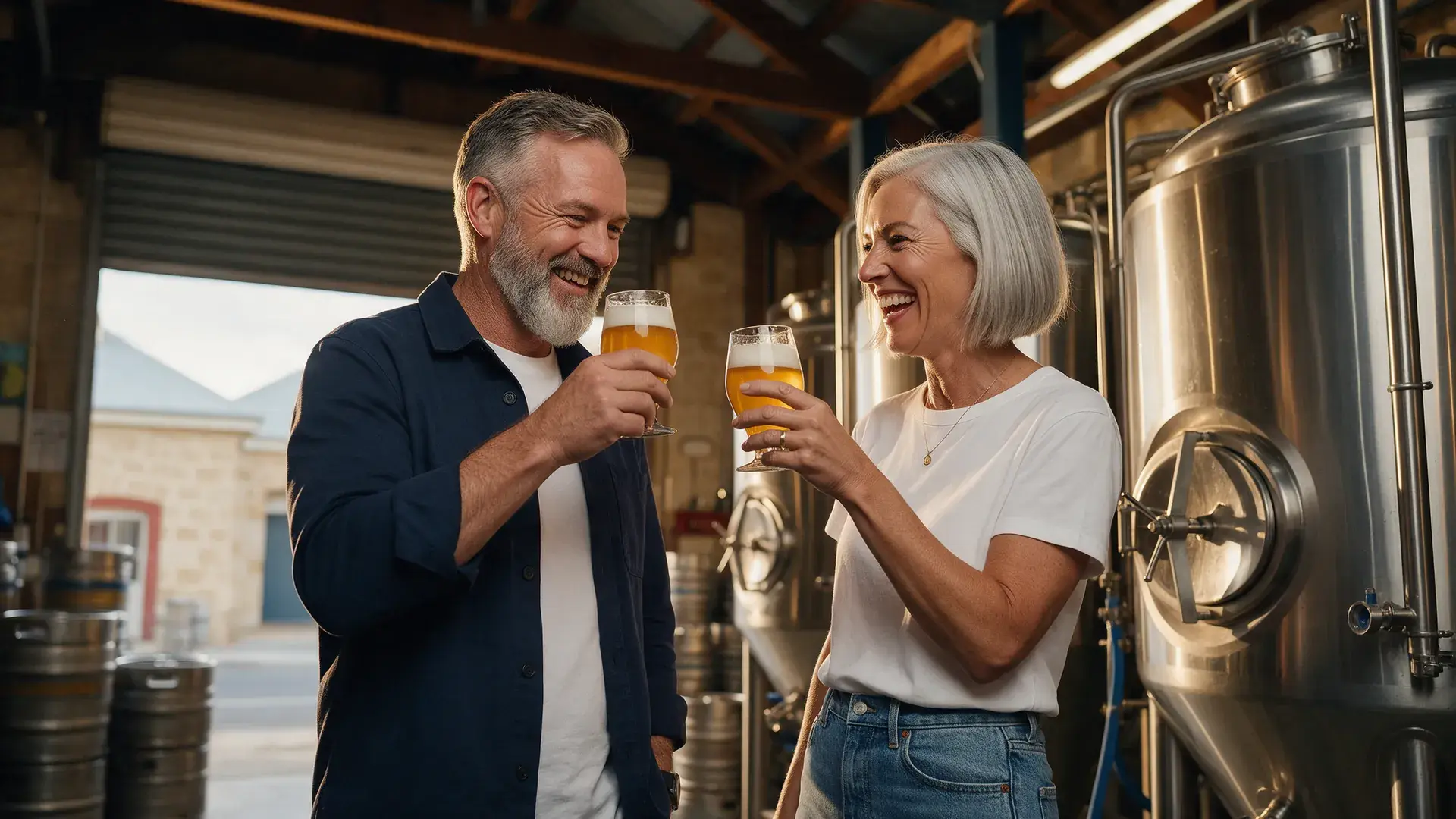 Fremantle craft brewery co-owners tasting a fresh pale ale beside the fermentation tanks