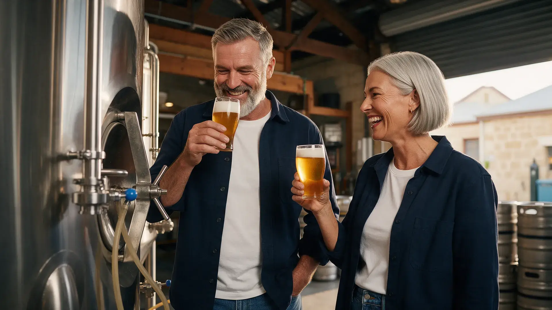 Brewery business partners sharing a laugh over glasses of beer among stainless steel tanks and kegs
