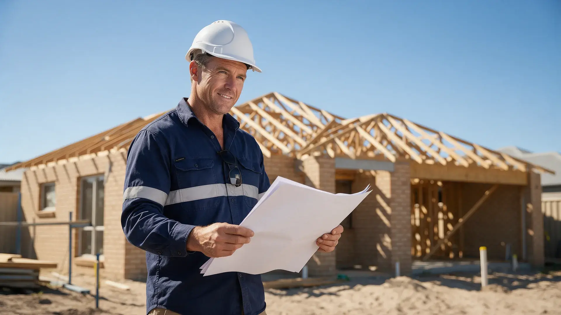 Perth builder in hi-vis workwear reviewing plans in front of a new brick home with timber roof trusses