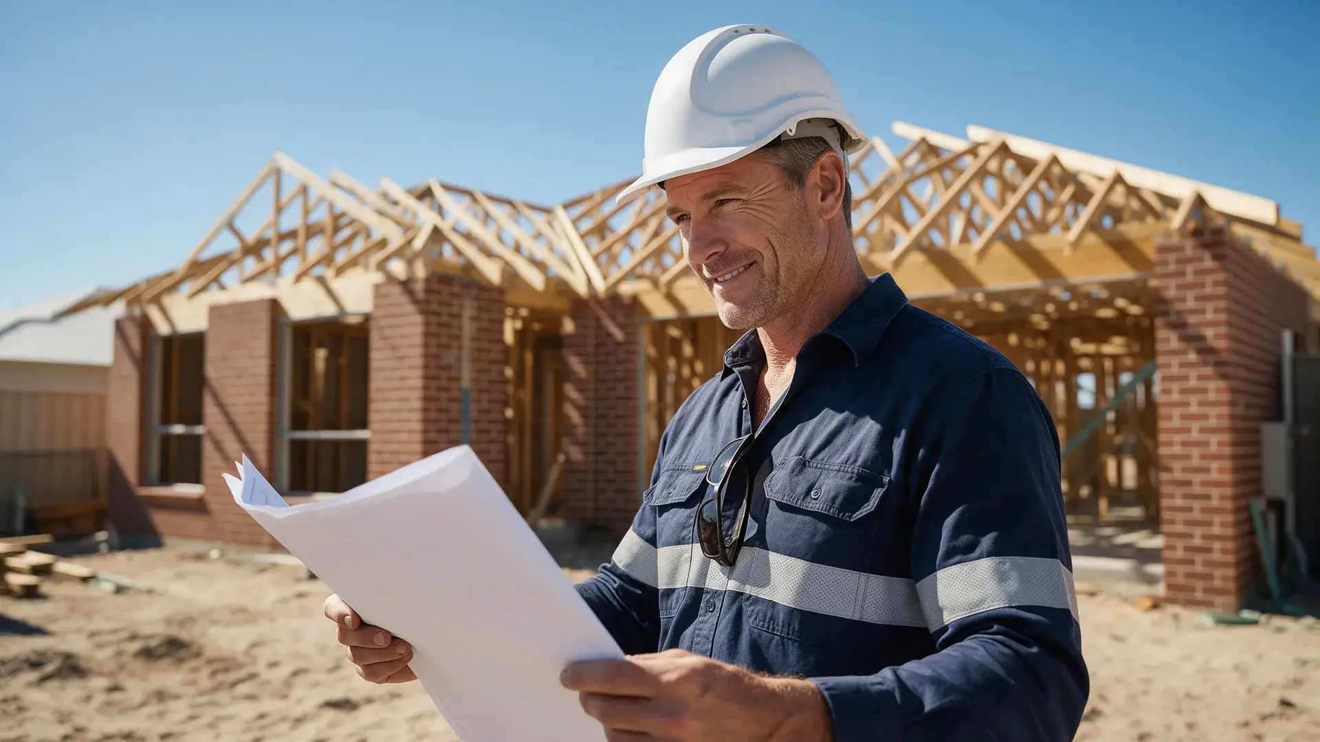 Smiling builder in a white hard hat checking drawings on a residential building site in Perth
