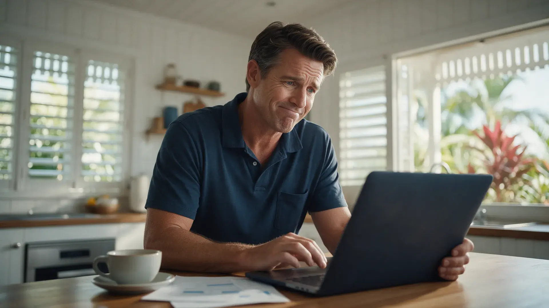 Business owner at a timber kitchen bench with a laptop and coffee in a Queenslander-style home office