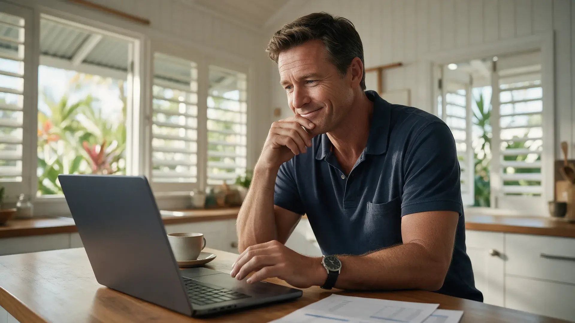 Business owner thinking over his finances at a laptop in a bright kitchen with plantation shutters