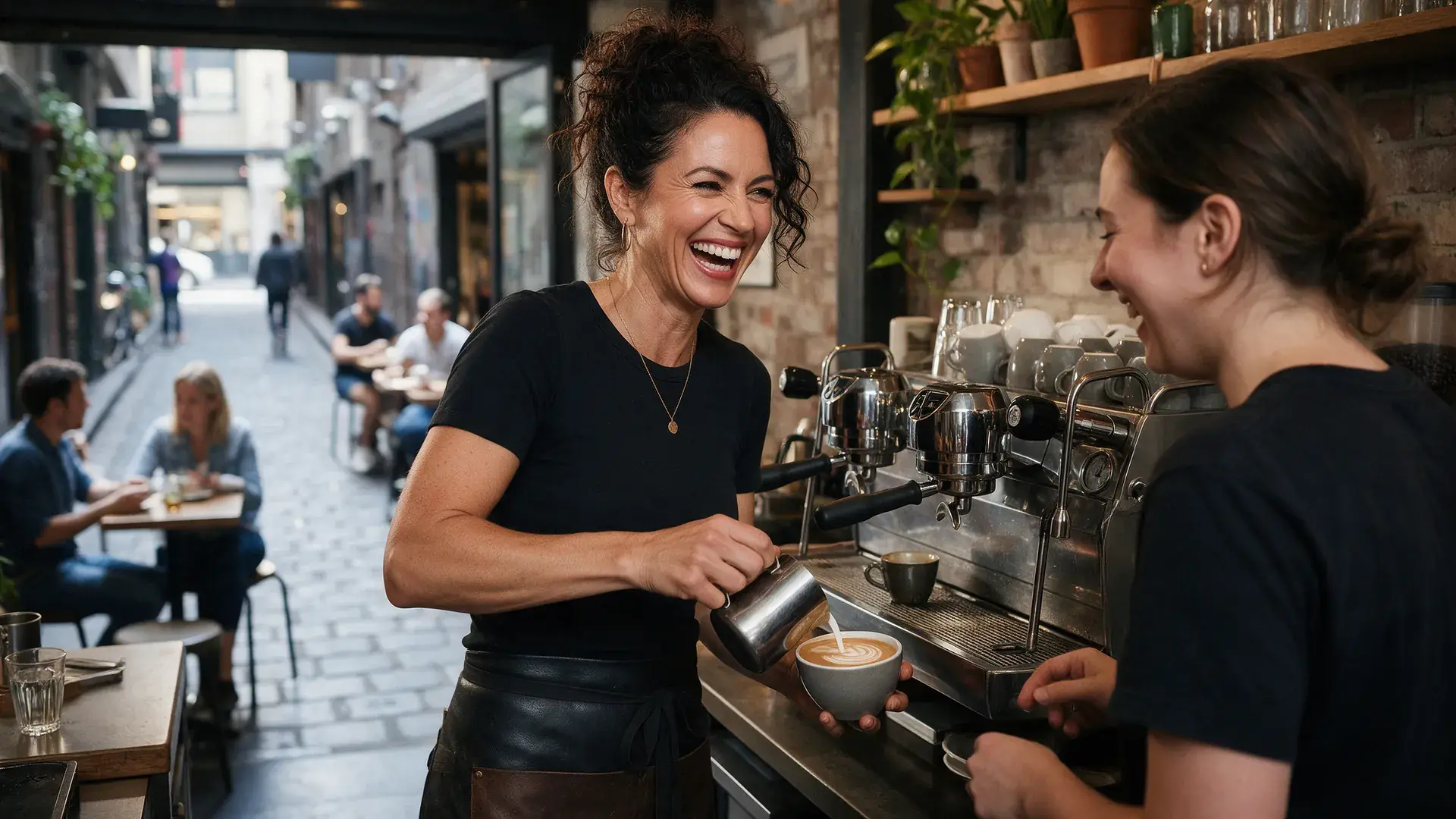 Melbourne laneway cafe owner pouring latte art and laughing with her barista