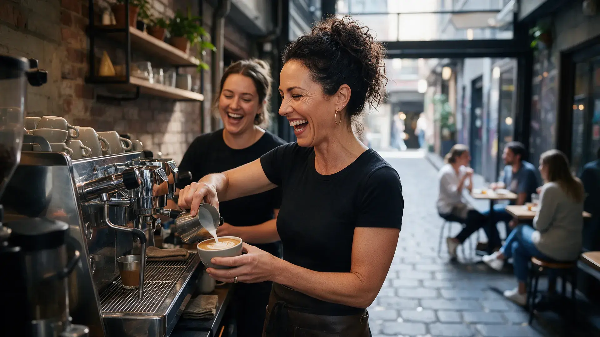 Cafe owner and barista laughing at the espresso machine with diners in a bluestone laneway