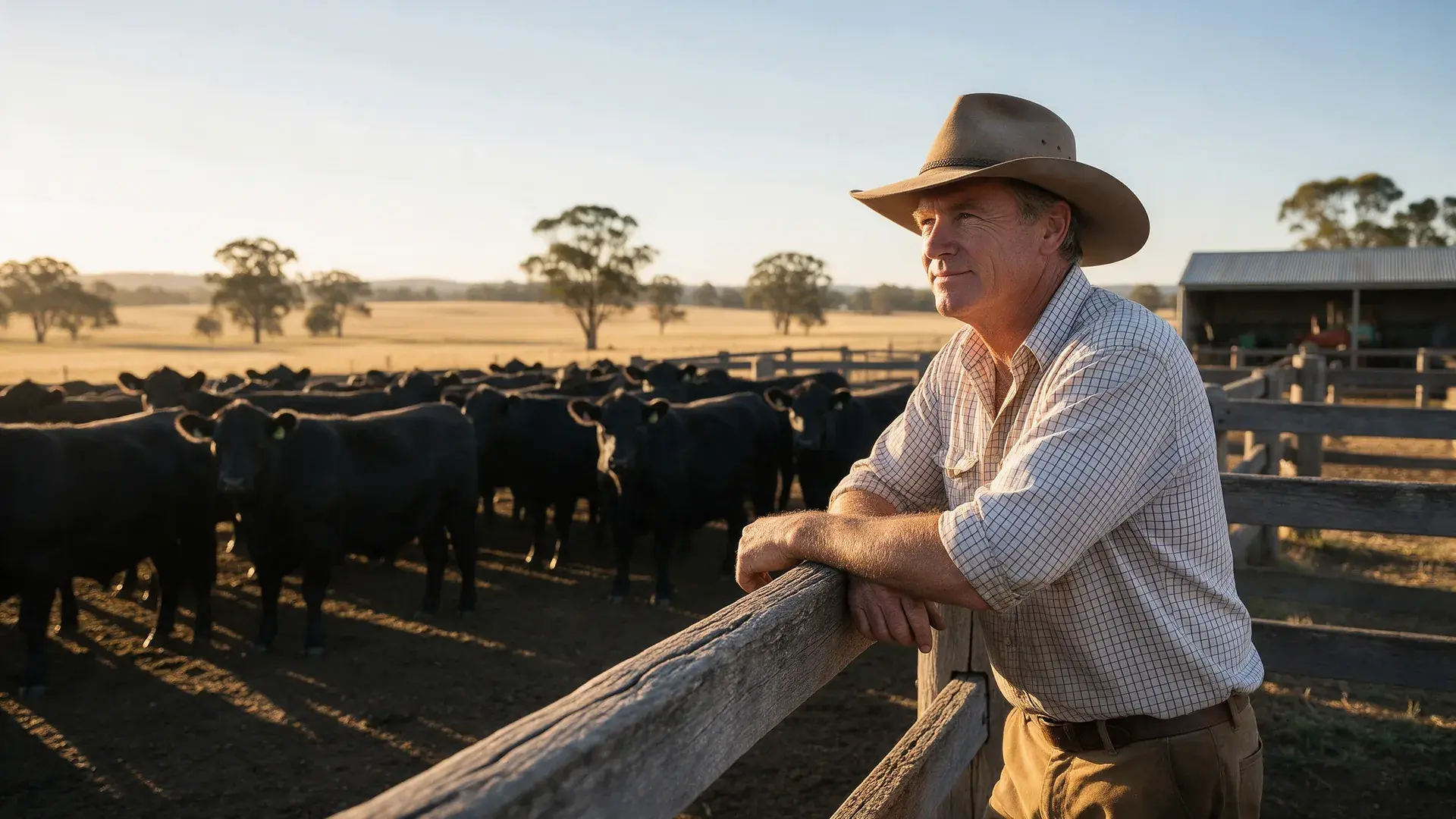 Cattle farmer in an Akubra-style hat leaning on stockyard rails with Angus cattle in regional New South Wales