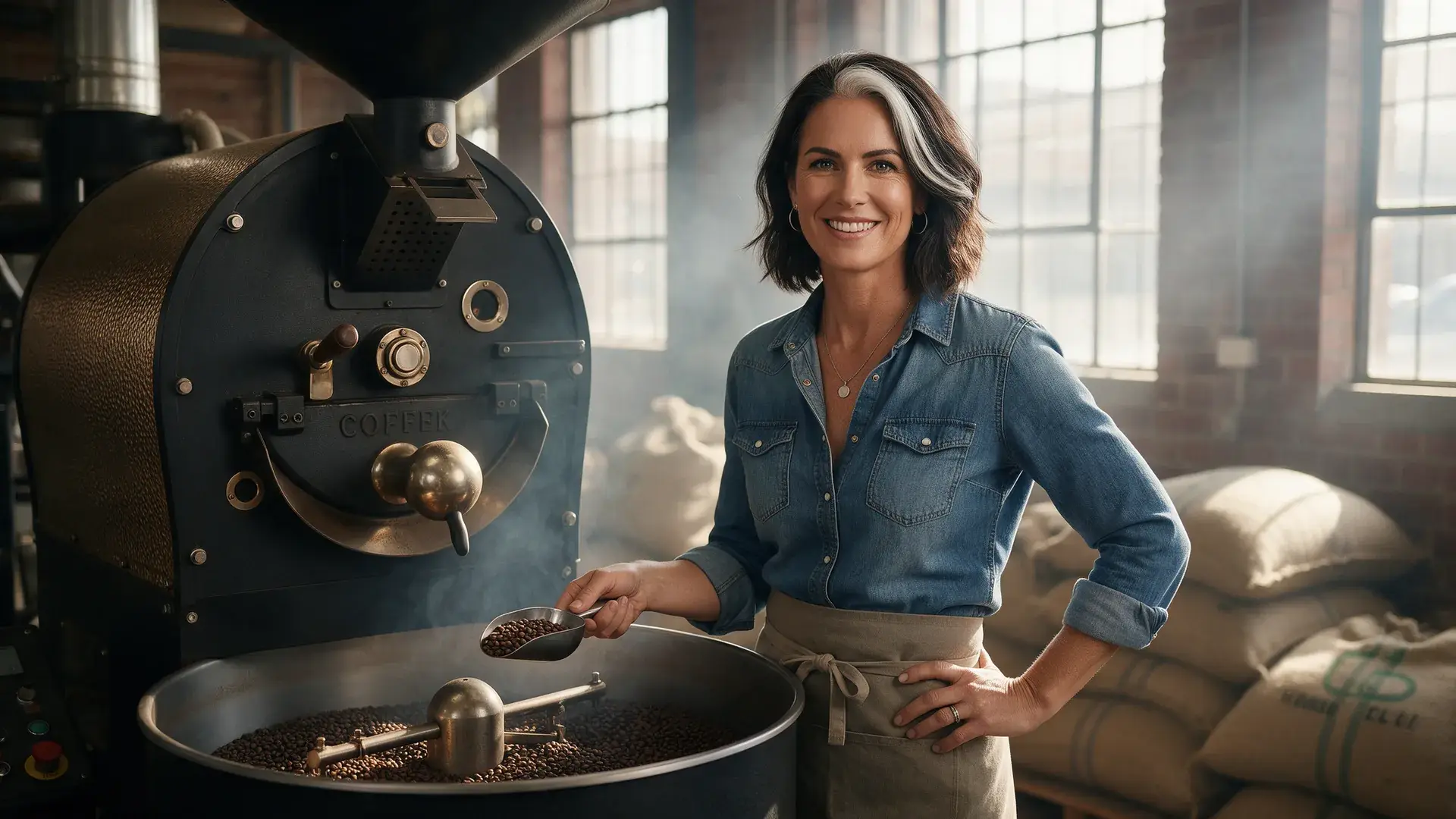 Coffee roastery owner smiling beside a drum roaster in a red-brick Melbourne warehouse