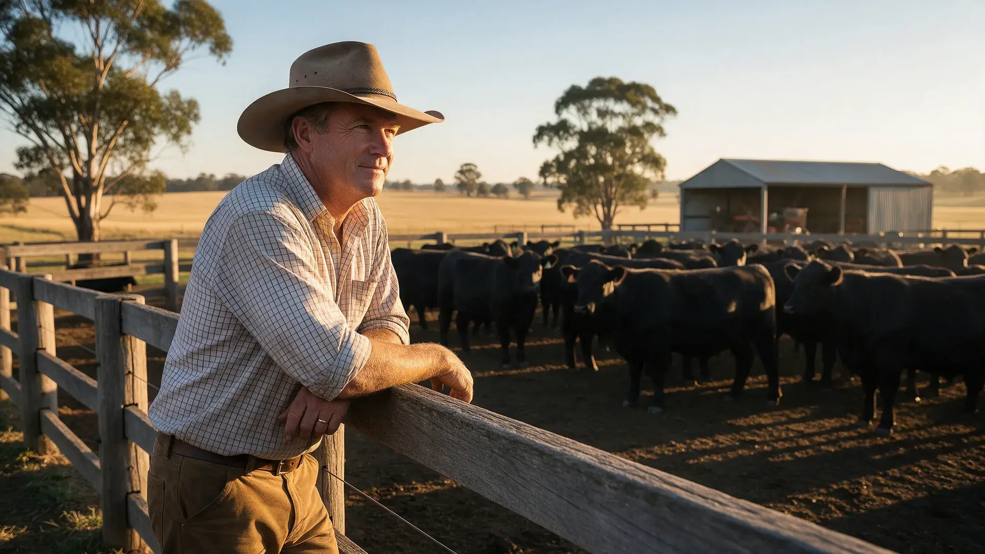 Farmer at the stockyard fence at sunrise with cattle, gum trees and a machinery shed behind