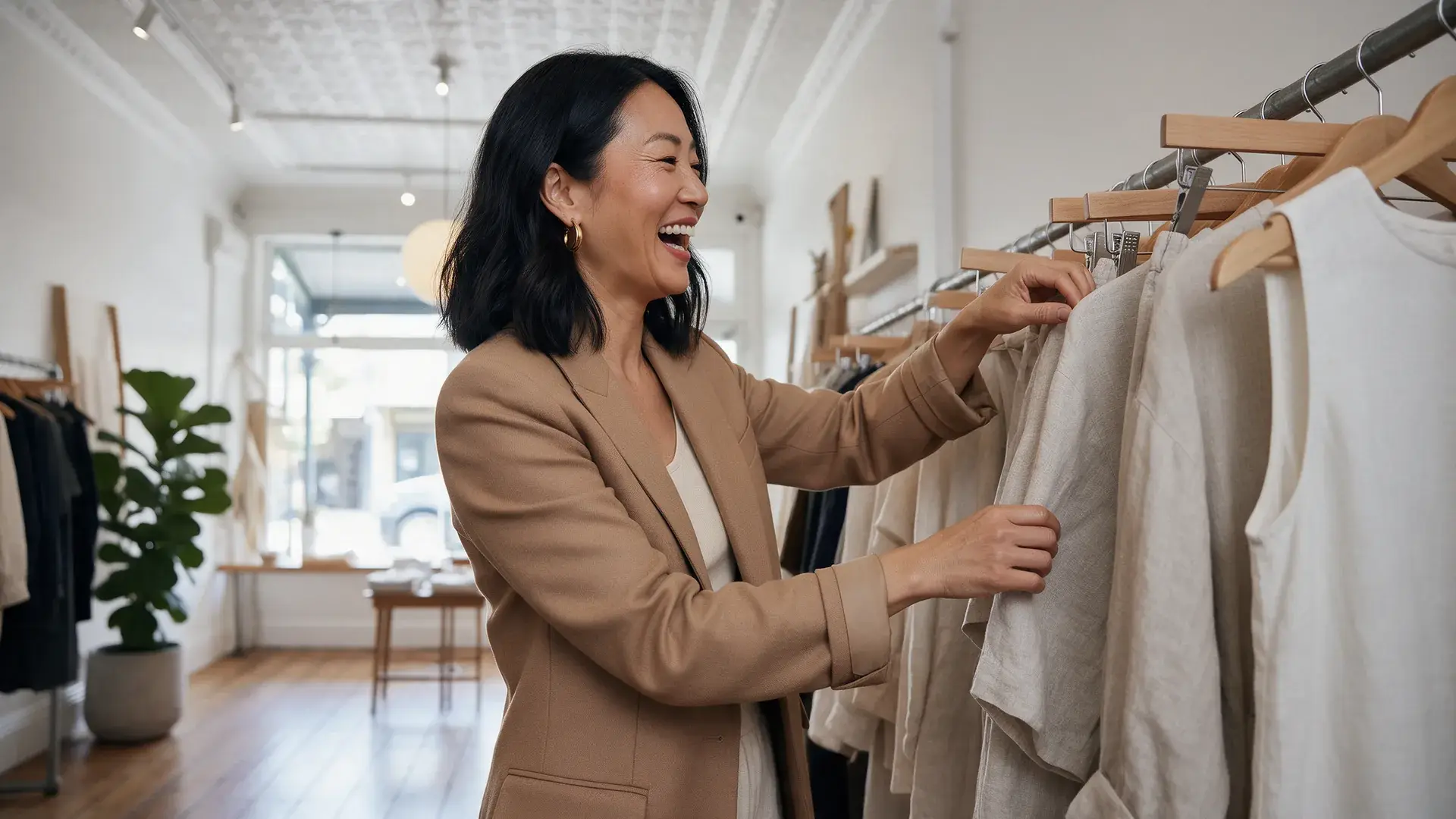 Sydney fashion boutique owner laughing while arranging linen garments on a timber rack