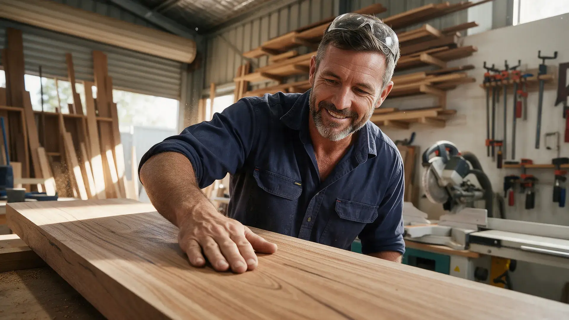 Brisbane joinery owner running his hand along a timber slab in his workshop