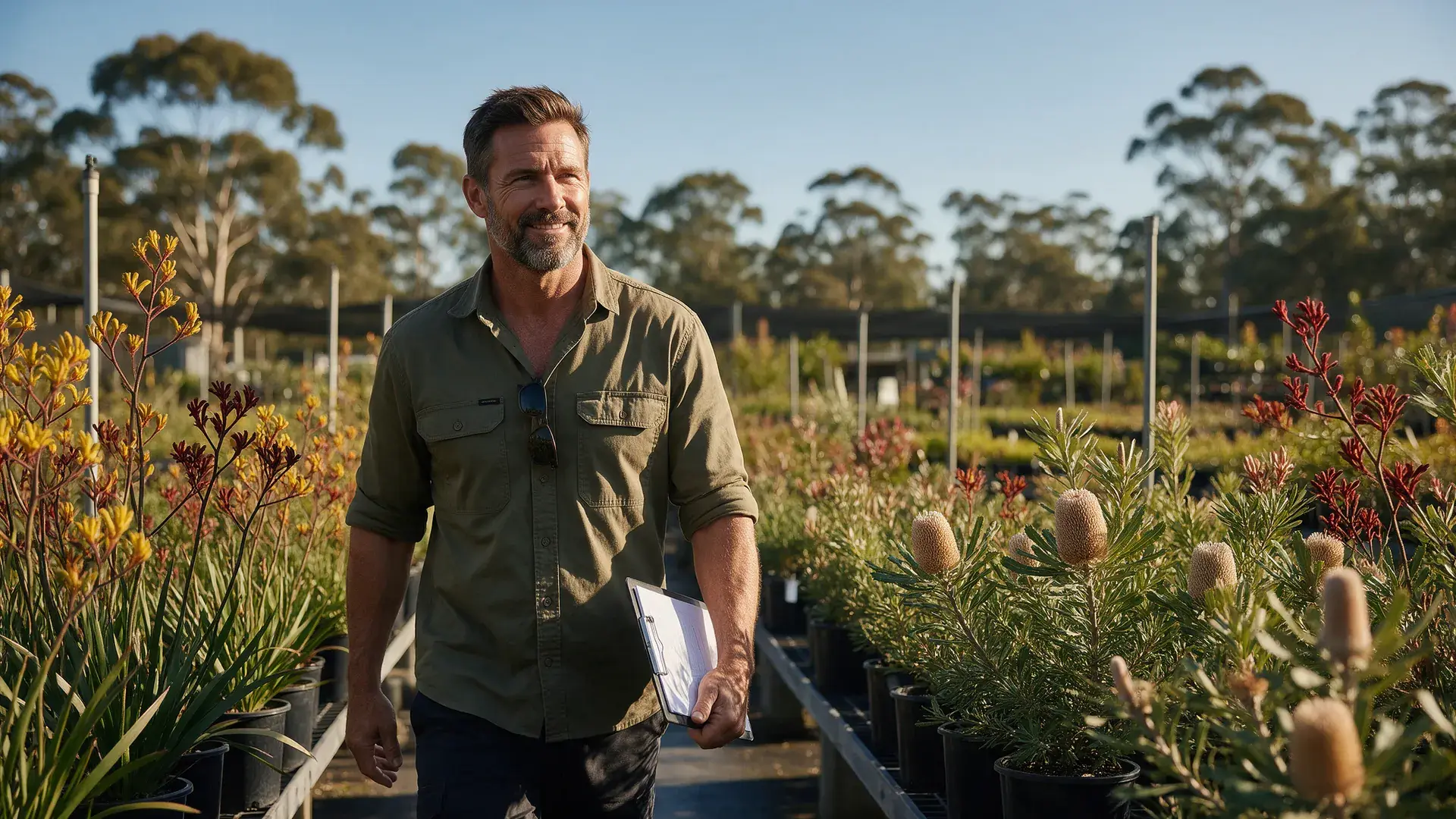 Landscape business owner with a clipboard walking past kangaroo paw and banksia at a native plant nursery