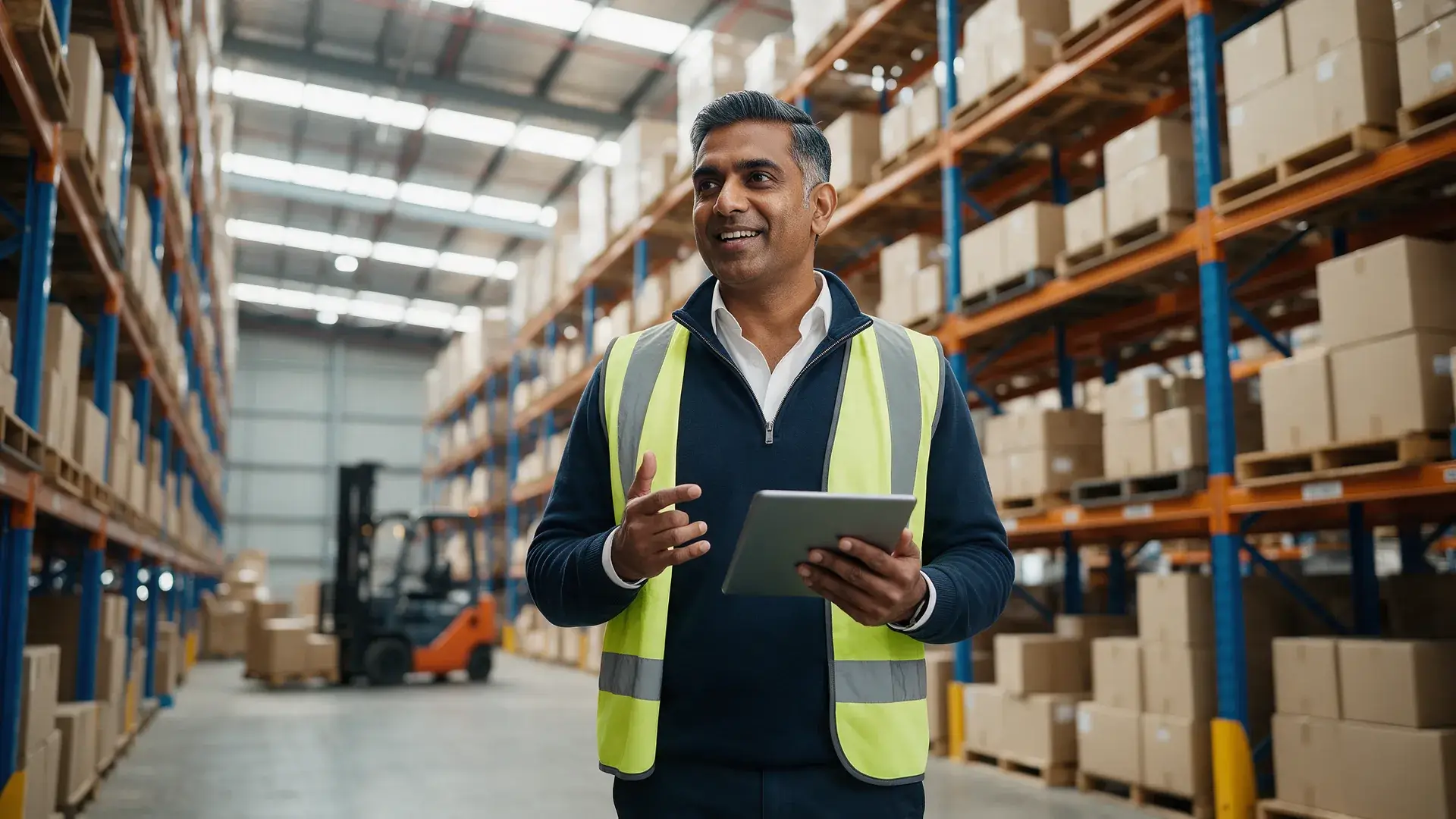 Logistics business owner in a hi-vis vest holding a tablet in a Sydney warehouse with pallet racking