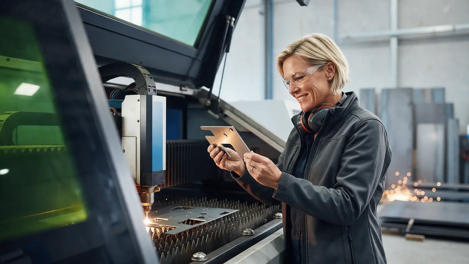 Metal fabrication business owner inspecting a laser-cut steel part beside a cutting machine in Geelong