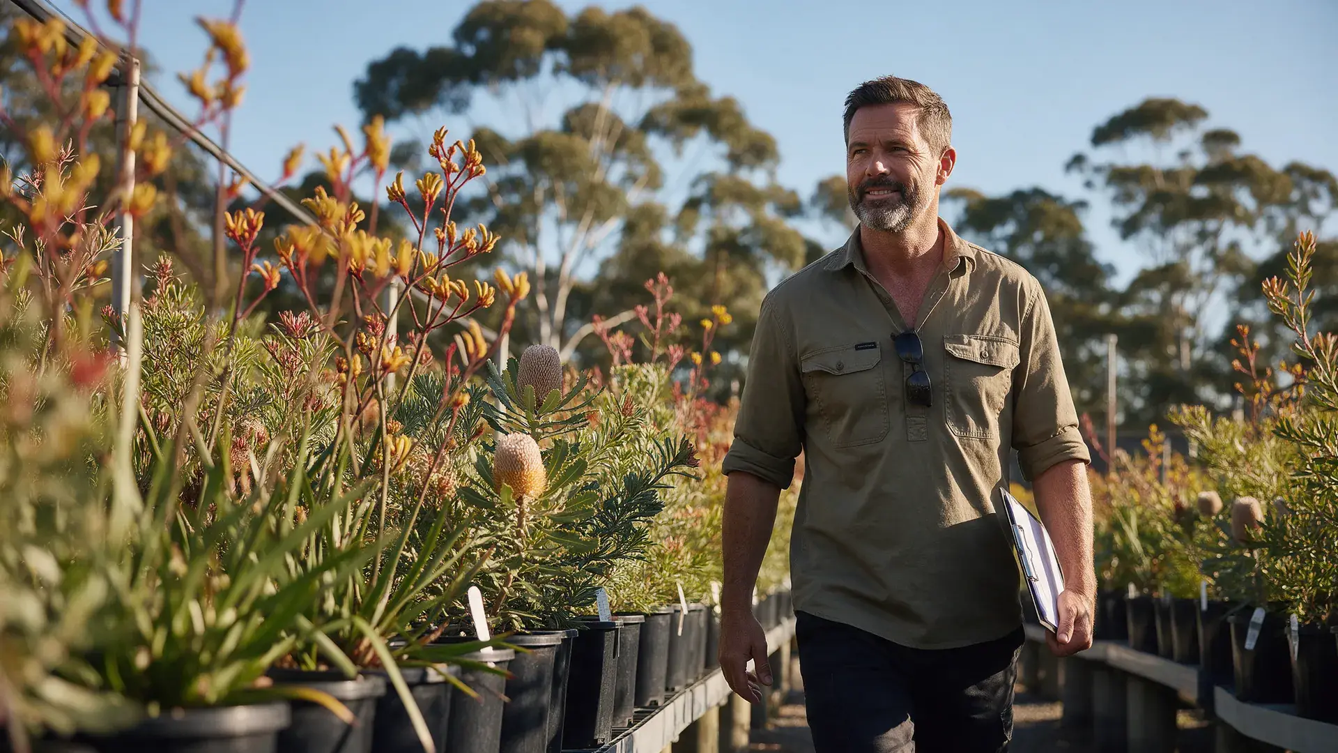 Nursery owner checking rows of kangaroo paw and banksia plants under tall eucalyptus trees
