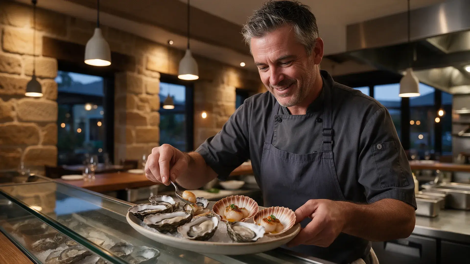 Hobart restaurant owner and chef plating fresh Tasmanian oysters in a sandstone dining room