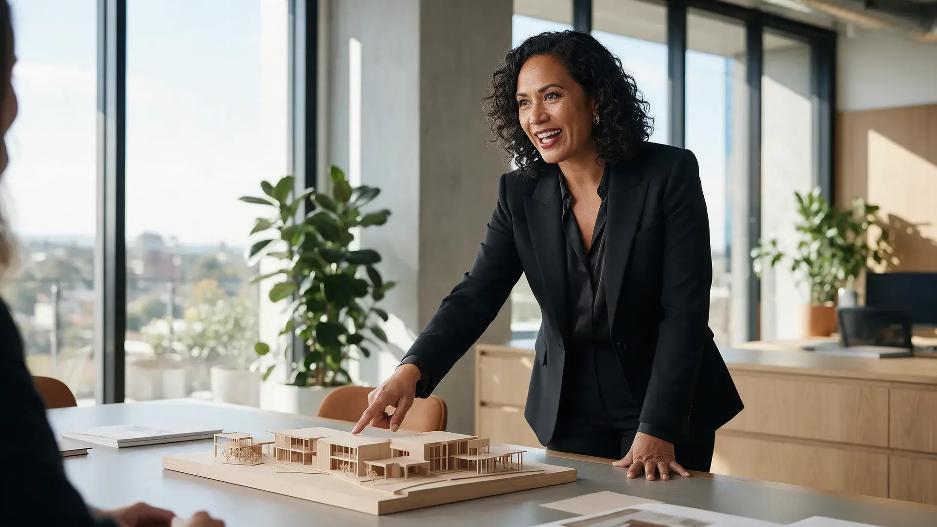 Design firm founder pointing to a building model during a client meeting in Adelaide