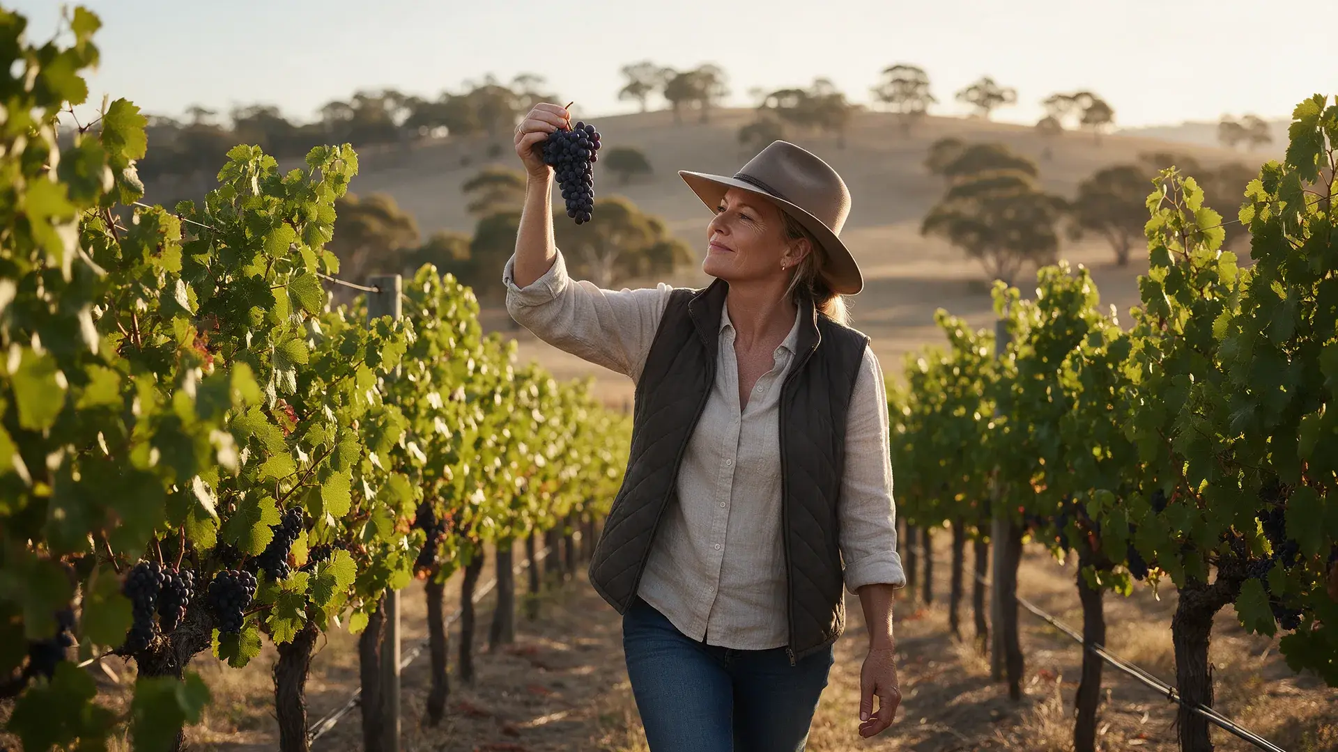 Barossa vineyard owner holding up a bunch of shiraz grapes between the vine rows