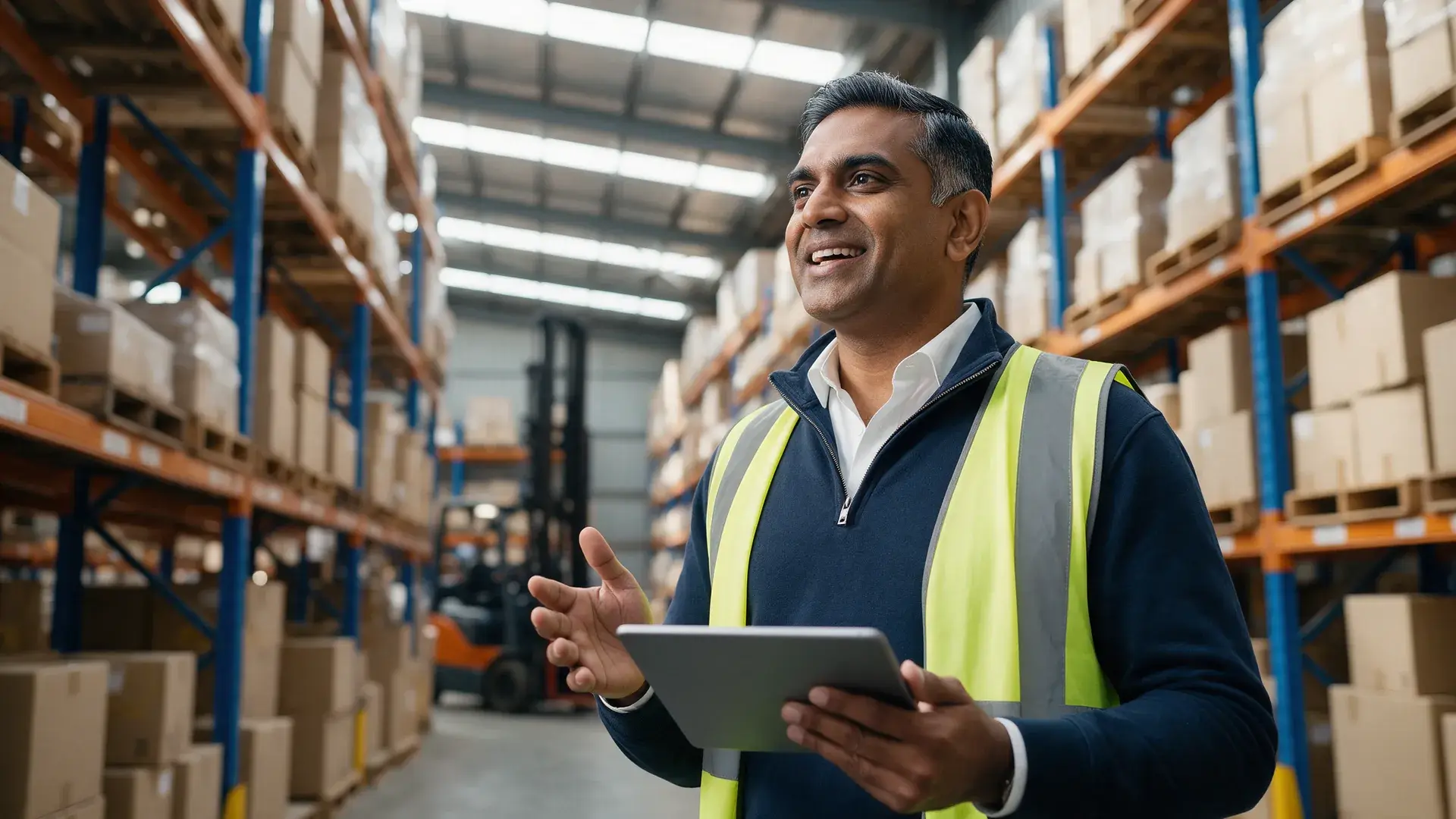 Warehouse owner with a tablet smiling among shelving and stock in a Sydney distribution centre