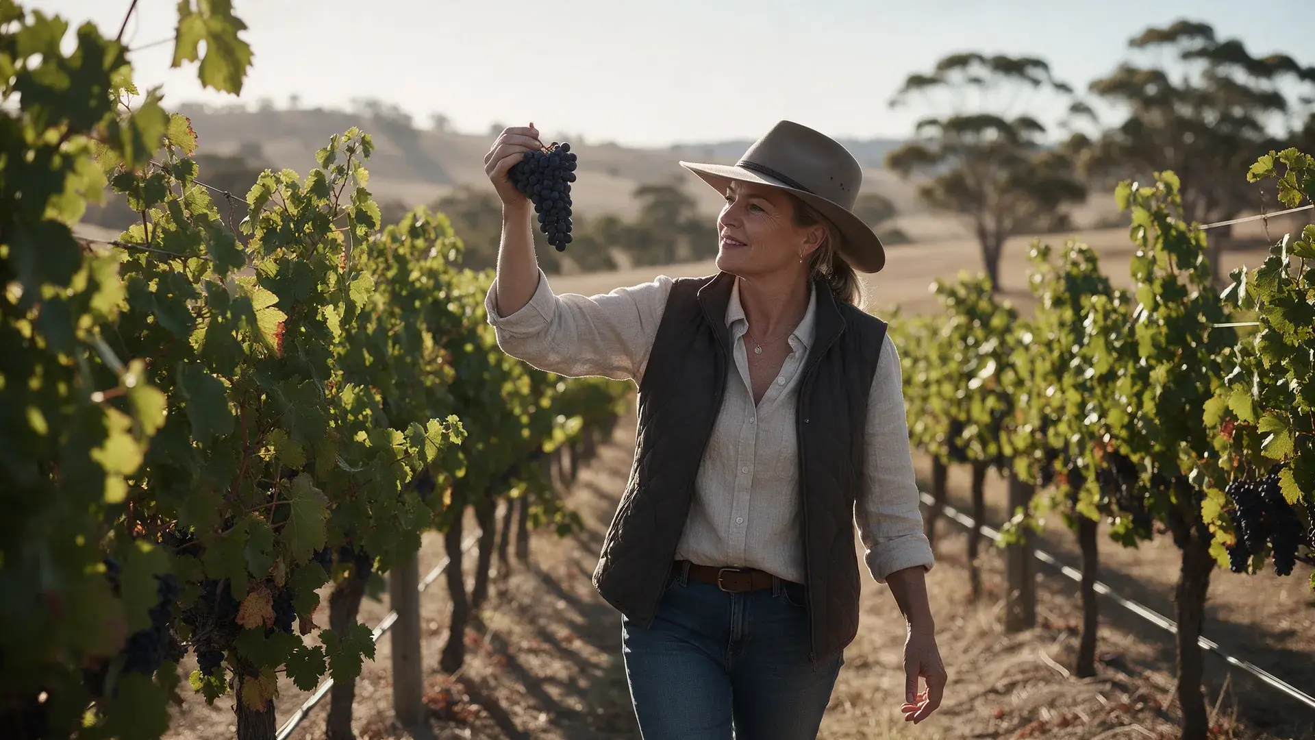 Winery owner in a wide-brimmed hat walking through Barossa vines with gum trees on the hills
